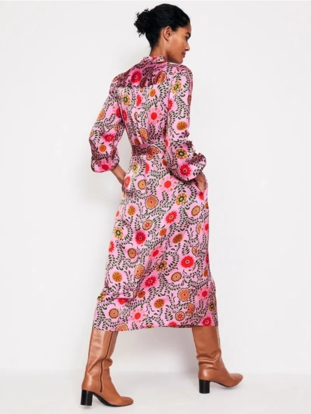 Boden Pink Floral Belted Midi Satin Dress - Size 14 - Picture 2 of 12